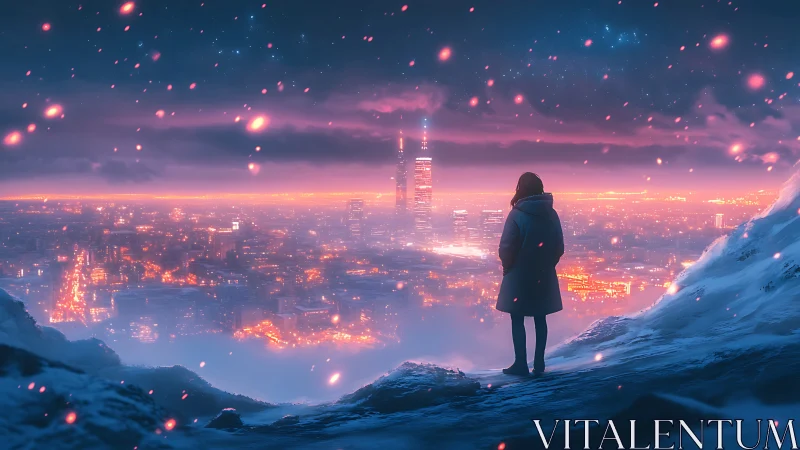Solitary figure surveys neon winter city in atmospheric glow