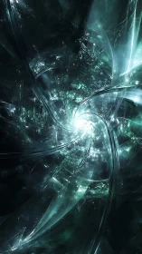 Abstract teal light vortex forms twisting glasslike structures