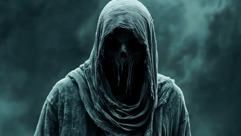 Hooded wraith statue looms in teal mist, eroded visage.