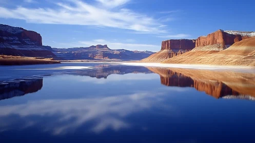 Desert canyon lake reflects sandstone cliffs and sky.