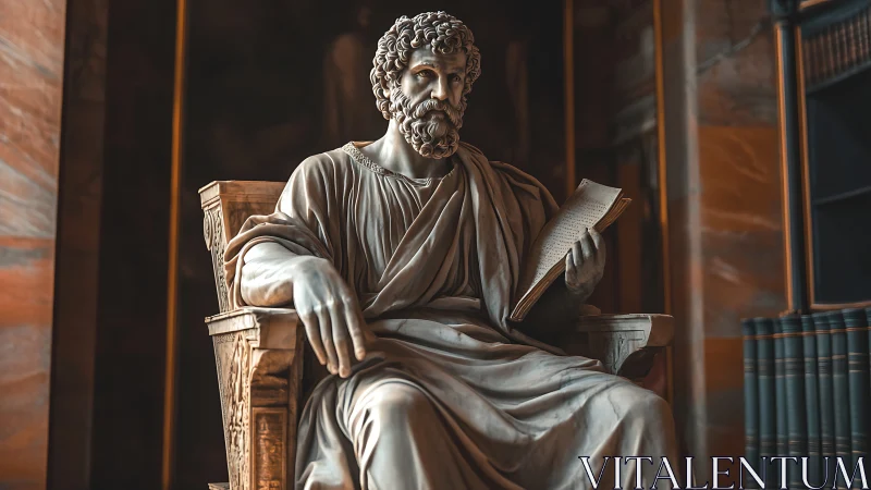 Quiet scholar statue rests in a grand library hall of wisdom