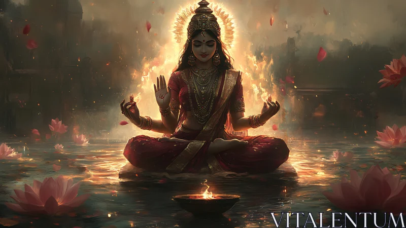 Divine female figure sits in lotus pose on reflective water surface
