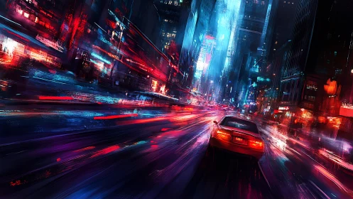 Neon-soaked city freeway with cinematic motion trails at night.