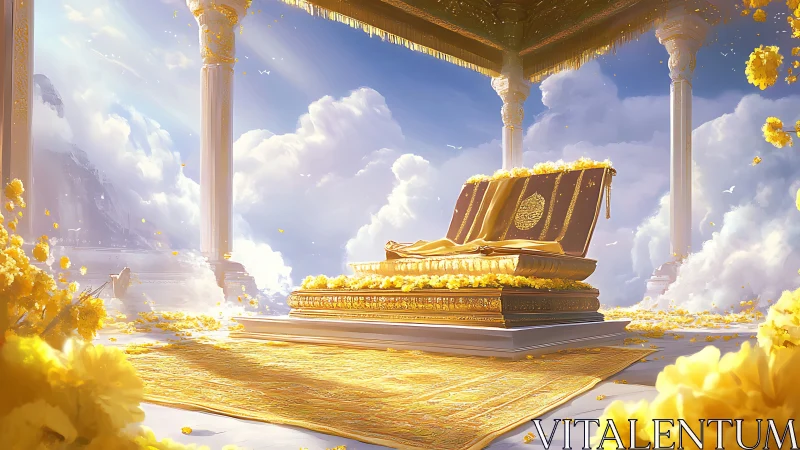 Golden sacred book resting in a sunlit heavenly pavilion.