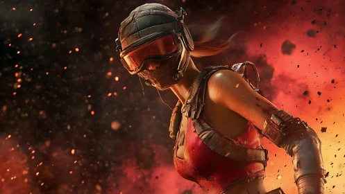 Armored cyberpunk warrior charging through fiery debris.