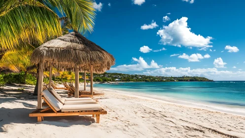 Tropical Beach Resort with Thatched Cabanas and Turquoise Waters.
