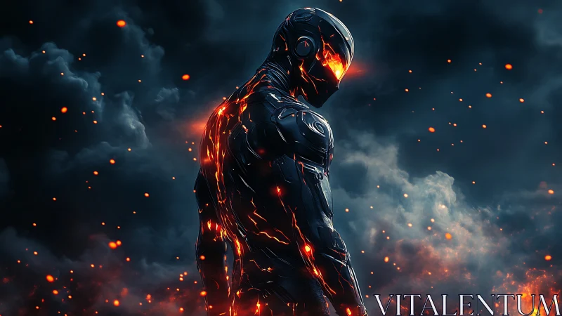 Futuristic armored humanoid with molten highlights in smoke.