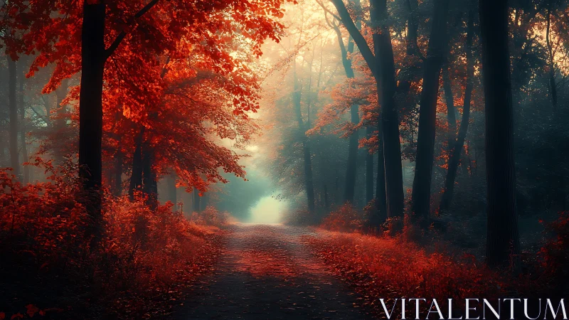 Autumn Forest Pathway with Volumetric Atmospheric Lighting and Saturated Foliage