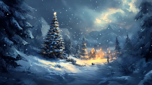 Snowy mountain village glows behind lit Christmas tree at night