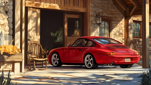 Red classic coupe parked under rustic timber porch.