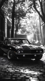 Monochrome muscle coupe on wet cobblestone under dappled light.