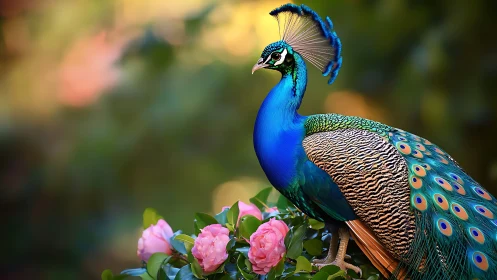 Vibrant peacock perched beside pink roses in natural garden setting.