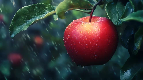 Ripe red apple glistens with raindrops in lush orchard.