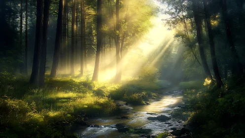 Sunlit forest creek with soft morning rays of light.
