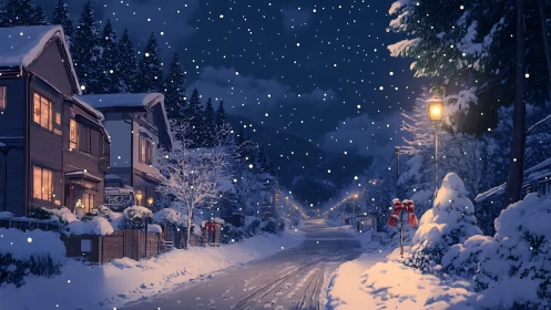 Snow-covered residential street is depicted under night sky