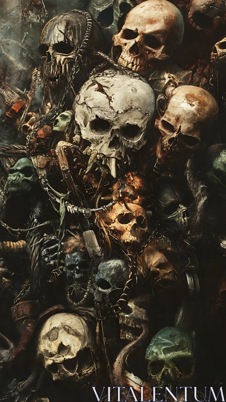 Skull pile with chains and weathered bones in dark tones.