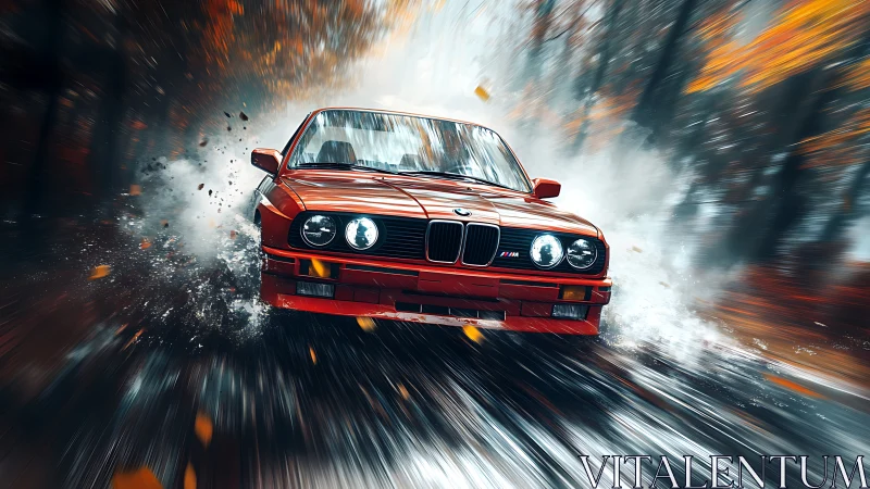 Red BMW sports coupe moving through wet forest road scene.