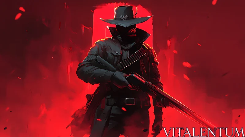 Masked gunslinger silhouette in red backlit digital art.