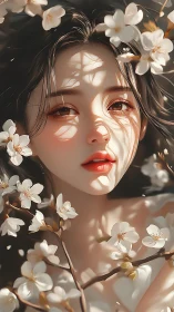 Soft spring light caresses a serene face framed by blossoms