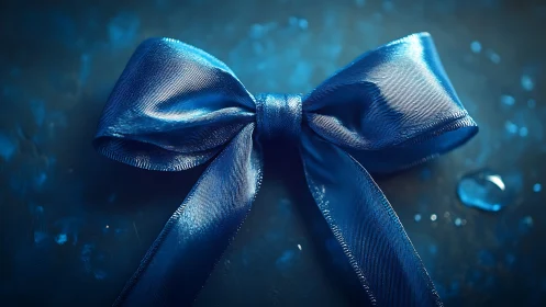 Blue satin gift bow under cool dramatic studio lighting.