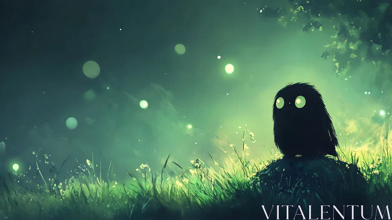 Small dark creature in luminous green forest clearing at night.