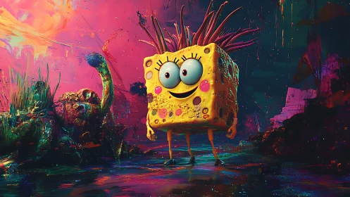 Surreal sponge creature in neon sci fi seascape.