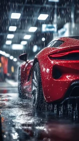 Rear-quarter supercar profile under dynamic rainfall illumination.