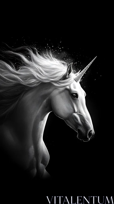 Majestic white unicorn portrait on deep black background.