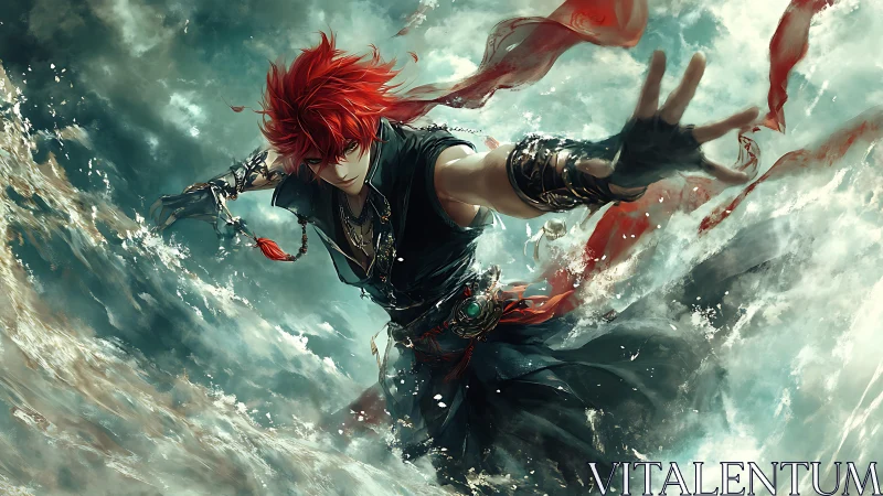 Red-haired storm mage surges through roaring ocean waves.