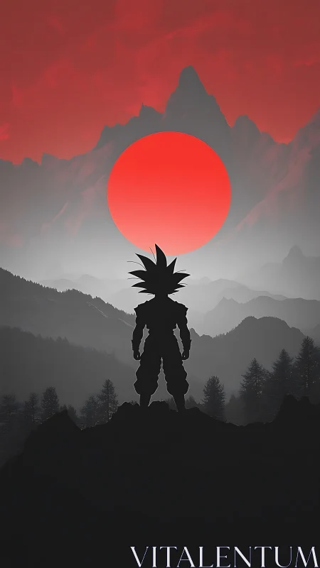 Silhouetted warrior greets a bold red sun over misty peaks