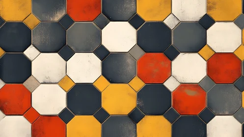 Octagonal ceramic tiling grid with weathered chromatic modules.