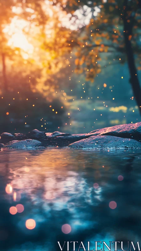 Sunlit forest stream with glowing bokeh reflections.