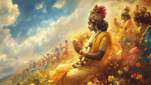 Divine figures in golden robes praying in radiant clouds.