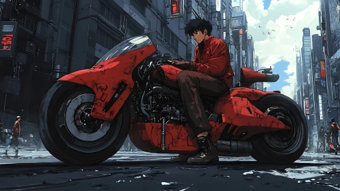 Rider on red futuristic motorcycle in dense urban street.