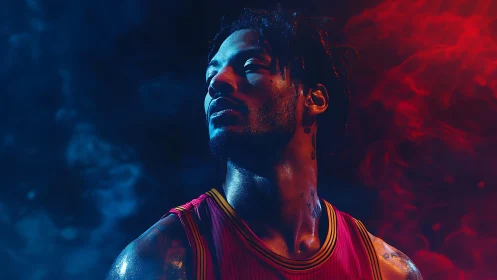 Basketball player portrait in dramatic red and blue lighting.
