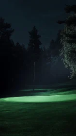 Midnight fairway spotlight bathing a lone green in silence.