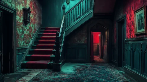 Deserted Victorian stair hall with red carpet and teal paneling