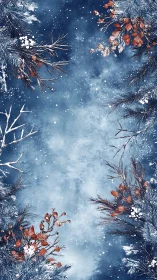 Winter pine border frames deep indigo snowfall sky.