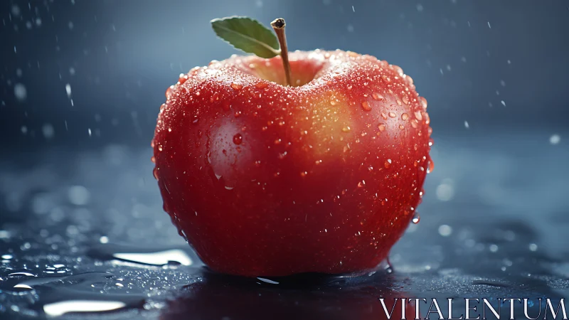Fresh red apple glowing with cool sparkling droplets.