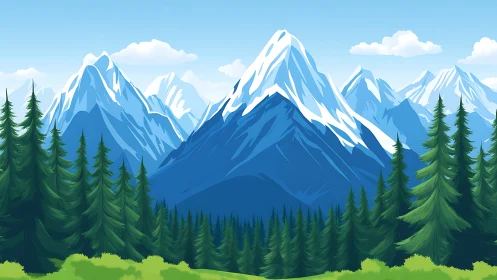 Snowy mountain range behind dense evergreen forest scene.