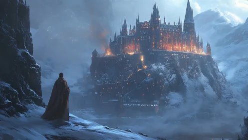 Lone cloaked figure observes illuminated fortress on icy cliff