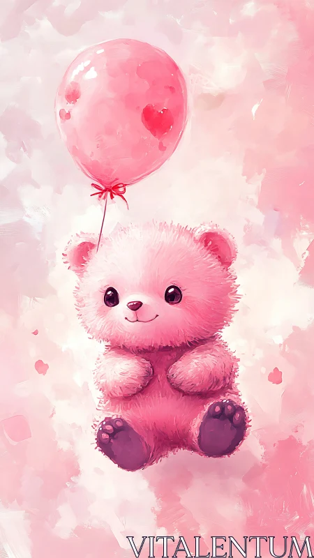 Sweet pink teddy bear floats gently with a heart balloon