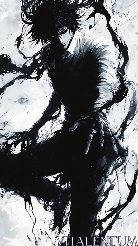 Shadow warrior emerges from swirling black ink void.