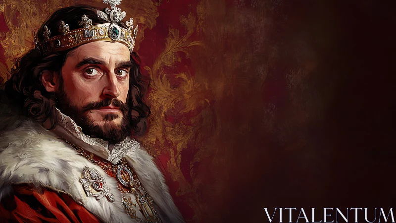 Regal oil portrait of crowned medieval king in finery.