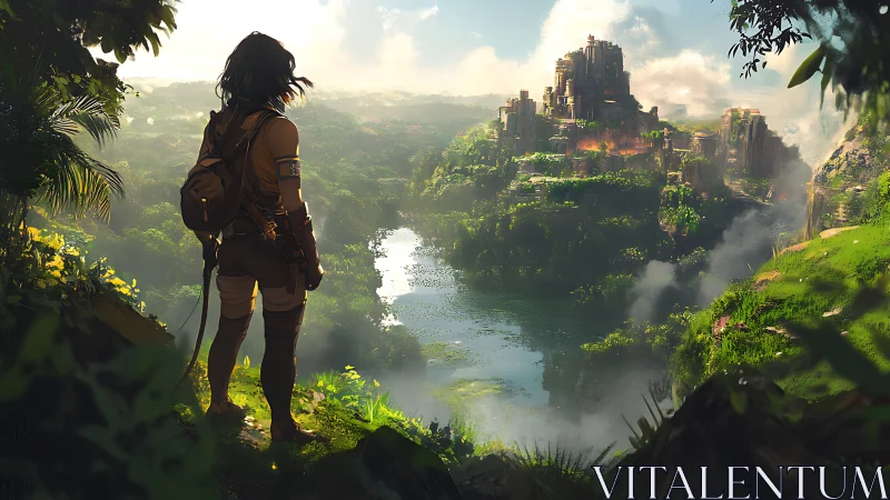 An eager explorer greets a sunlit jungle city at dawn