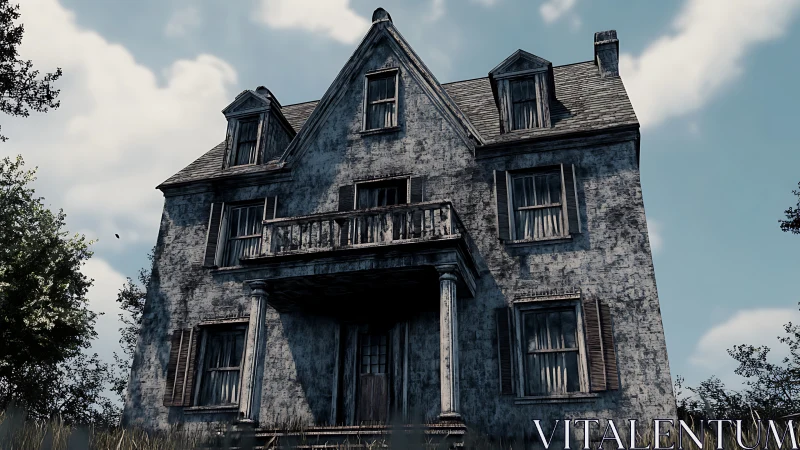 Weathered haunted house under harsh midday light.