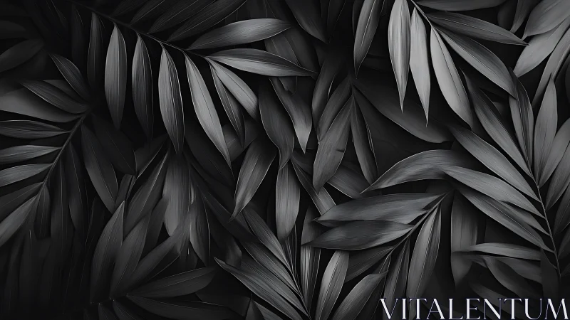 Monochrome palm fronds form a dramatic dark foliage tapestry.