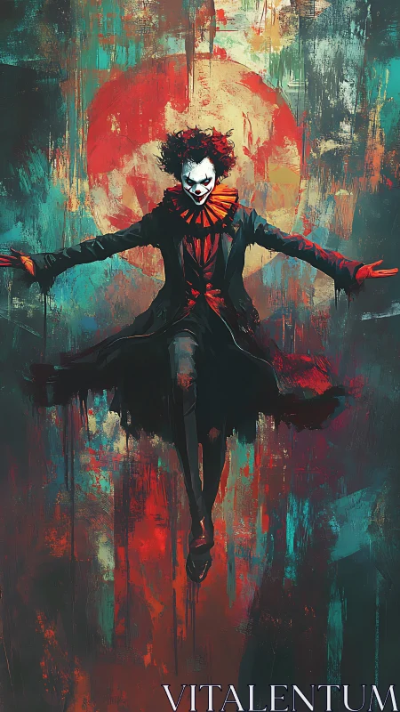 Sinister clown levitating before blood-red abstract halo.