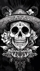 Ornate skull wears wide hat within dense floral symmetry