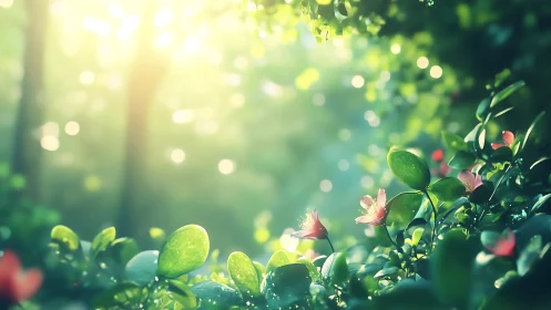 Morning light gently awakens a lush garden of dew-kissed leaves